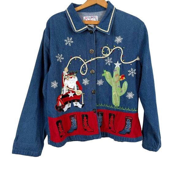Tantrums Women Mixed Media Denim Jacket Sz XXL Western Santa Rodeo Boots Cactus - Picture 1 of 6
